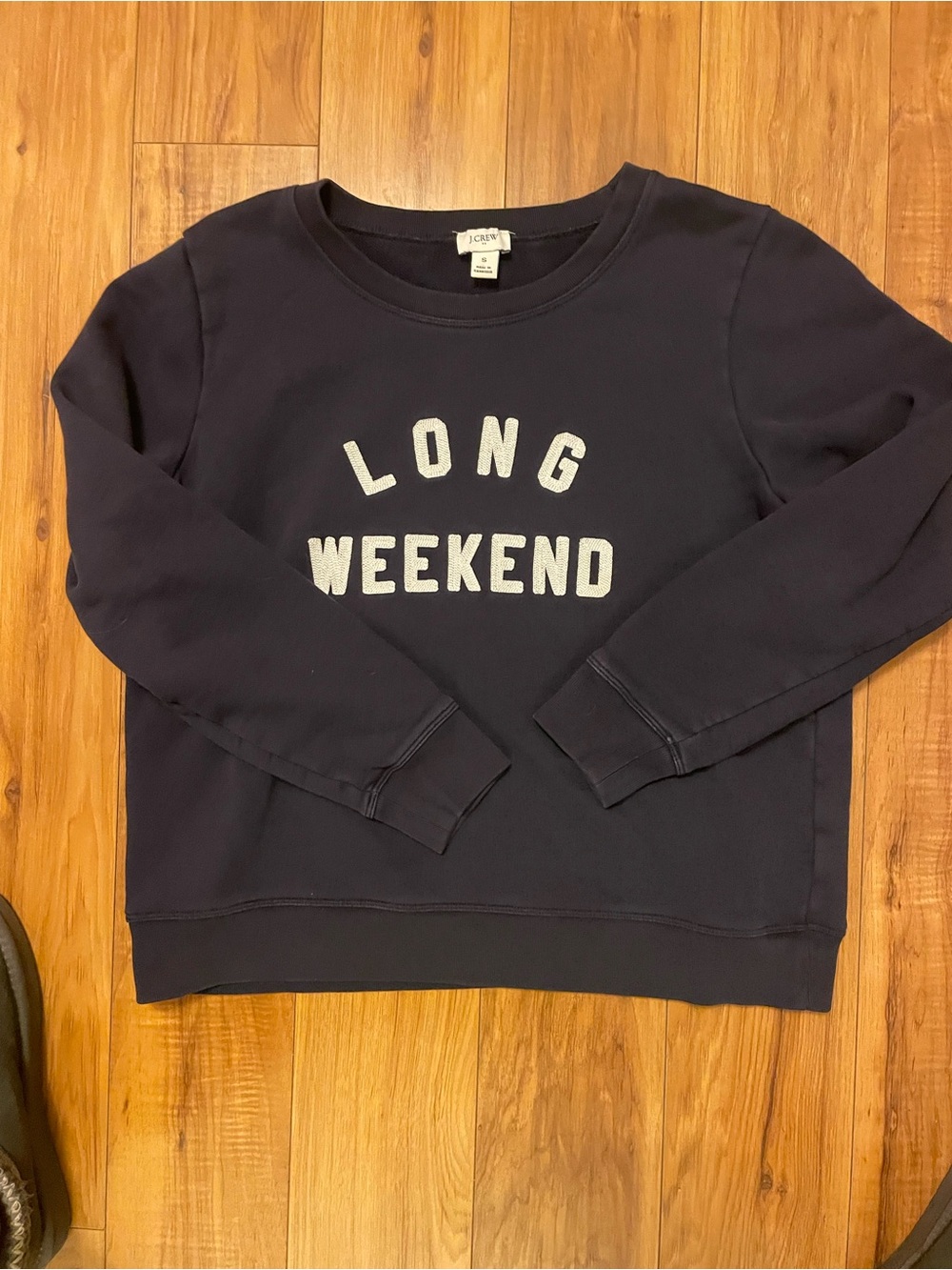 J. Crew Navy Crewneck Sweatshirt with 'Long Weekend' Text